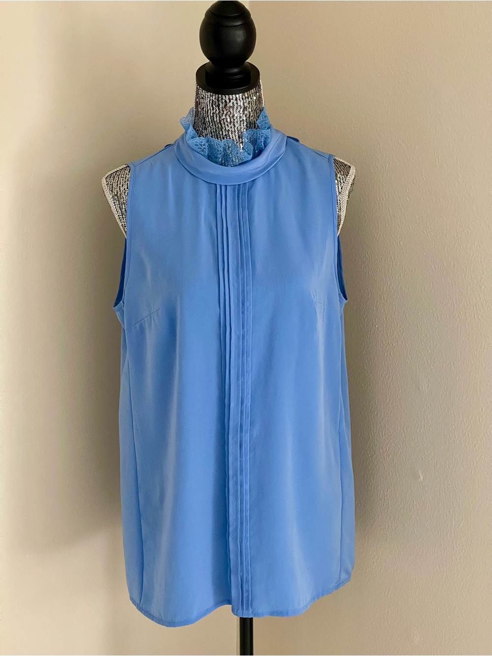 Benetton Sleeveless Light Blue Pleated Mock Neck Top